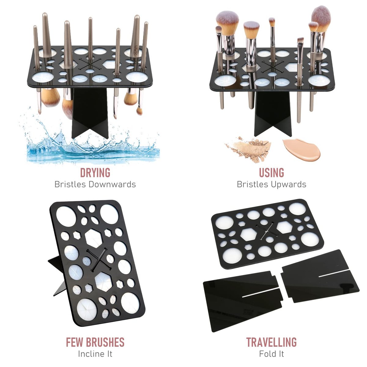 Diolan Makeup Brush Cleaning Mat & Drying Rack - 28 Holes Brush Holder, Silicone Rubber Clover Shaped Mat Cleaner - Black & Pink - görsel 9