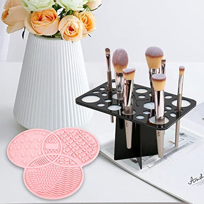 Diolan Makeup Brush Cleaning Mat & Drying Rack - 28 Holes Brush Holder, Silicone Rubber Clover Shaped Mat Cleaner - Black & Pink