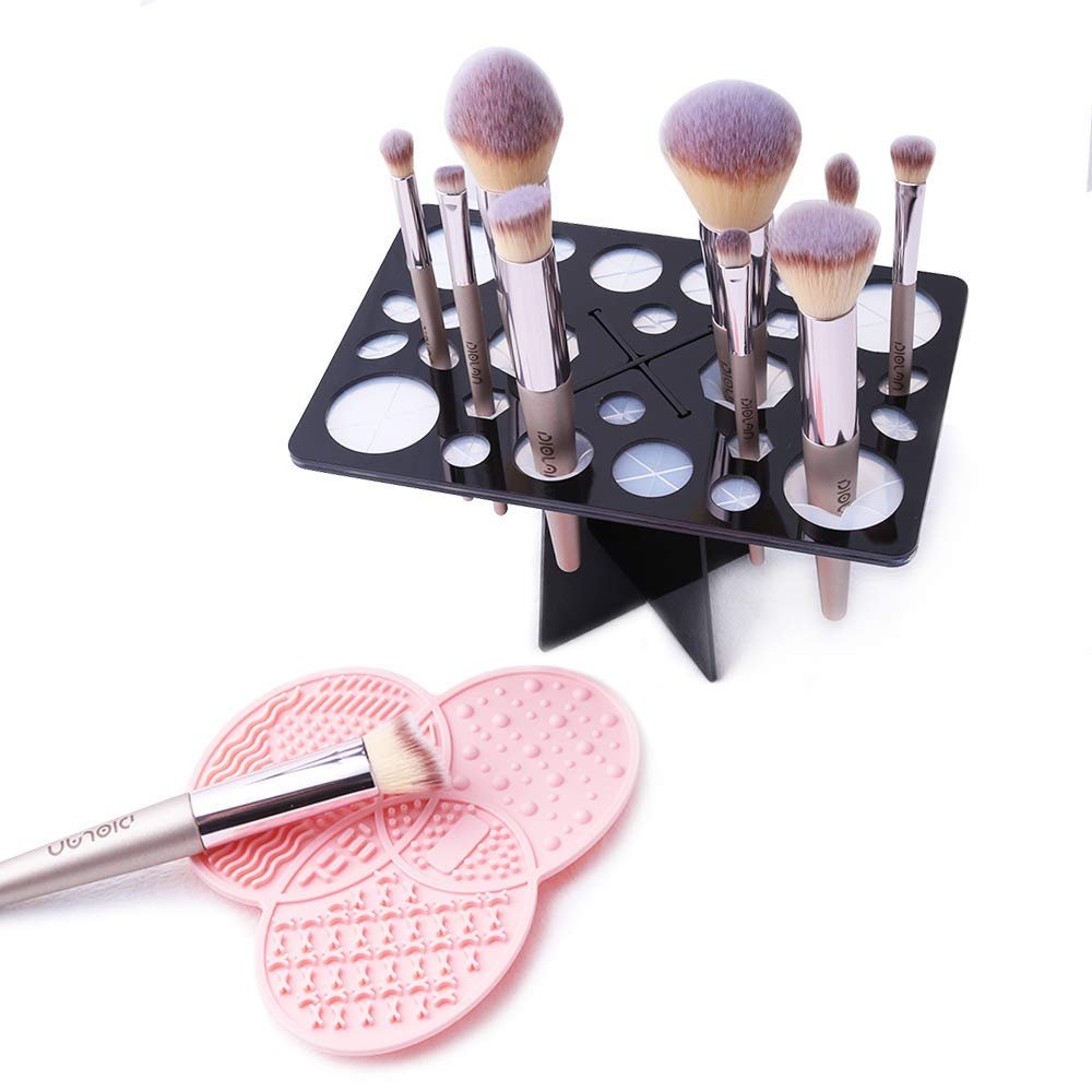 Diolan Makeup Brush Cleaning Mat & Drying Rack - 28 Holes Brush Holder, Silicone Rubber Clover Shaped Mat Cleaner - Black & Pink - görsel 1