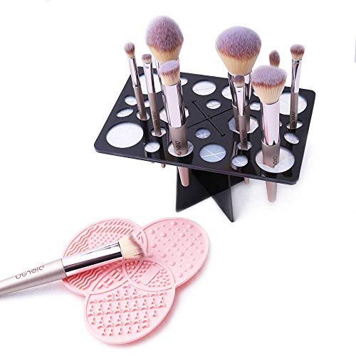 Diolan Makeup Brush Cleaning Mat & Drying Rack - 28 Holes Brush Holder, Silicone Rubber Clover Shaped Mat Cleaner - Black & Pink - görsel 2