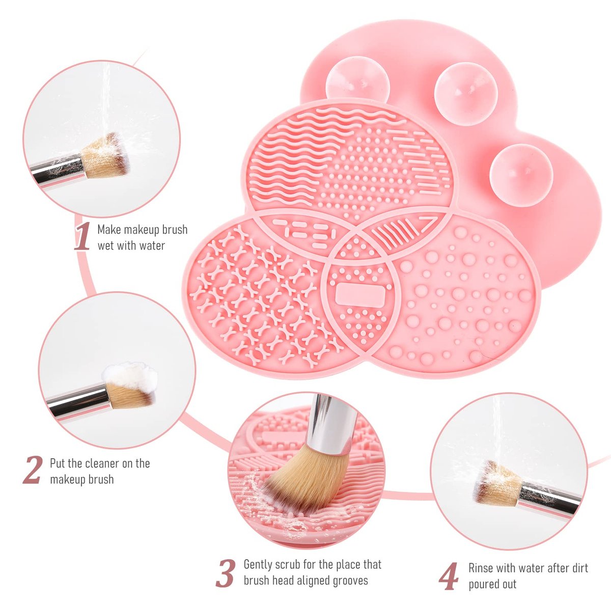 Diolan Makeup Brush Cleaning Mat & Drying Rack - 28 Holes Brush Holder, Silicone Rubber Clover Shaped Mat Cleaner - Black & Pink - görsel 11
