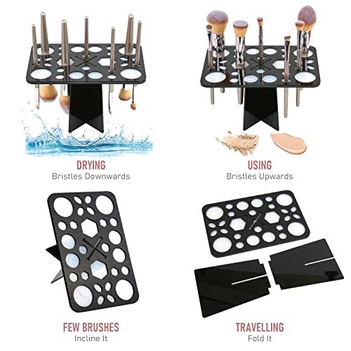 Diolan Makeup Brush Cleaning Mat & Drying Rack - 28 Holes Brush Holder, Silicone Rubber Clover Shaped Mat Cleaner - Black & Pink - görsel 10