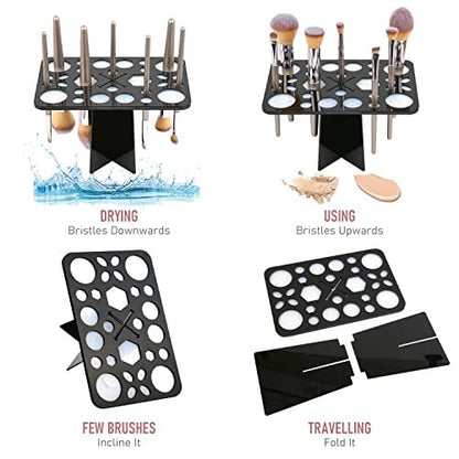 Diolan Makeup Brush Cleaning Mat & Drying Rack - 28 Holes Brush Holder, Silicone Rubber Clover Shaped Mat Cleaner - Black & Pink