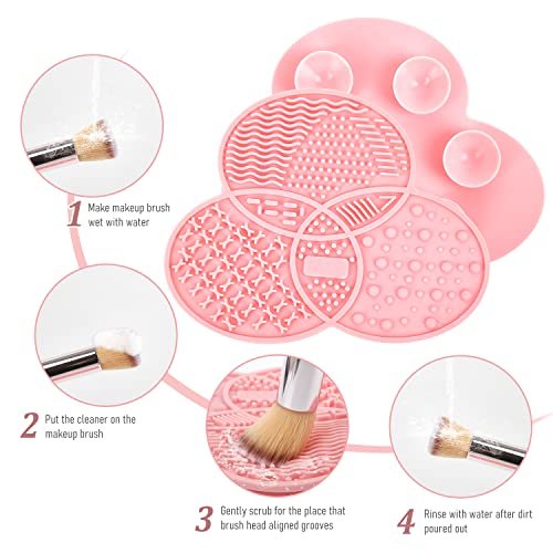 Diolan Makeup Brush Cleaning Mat & Drying Rack - 28 Holes Brush Holder, Silicone Rubber Clover Shaped Mat Cleaner - Black & Pink - görsel 12