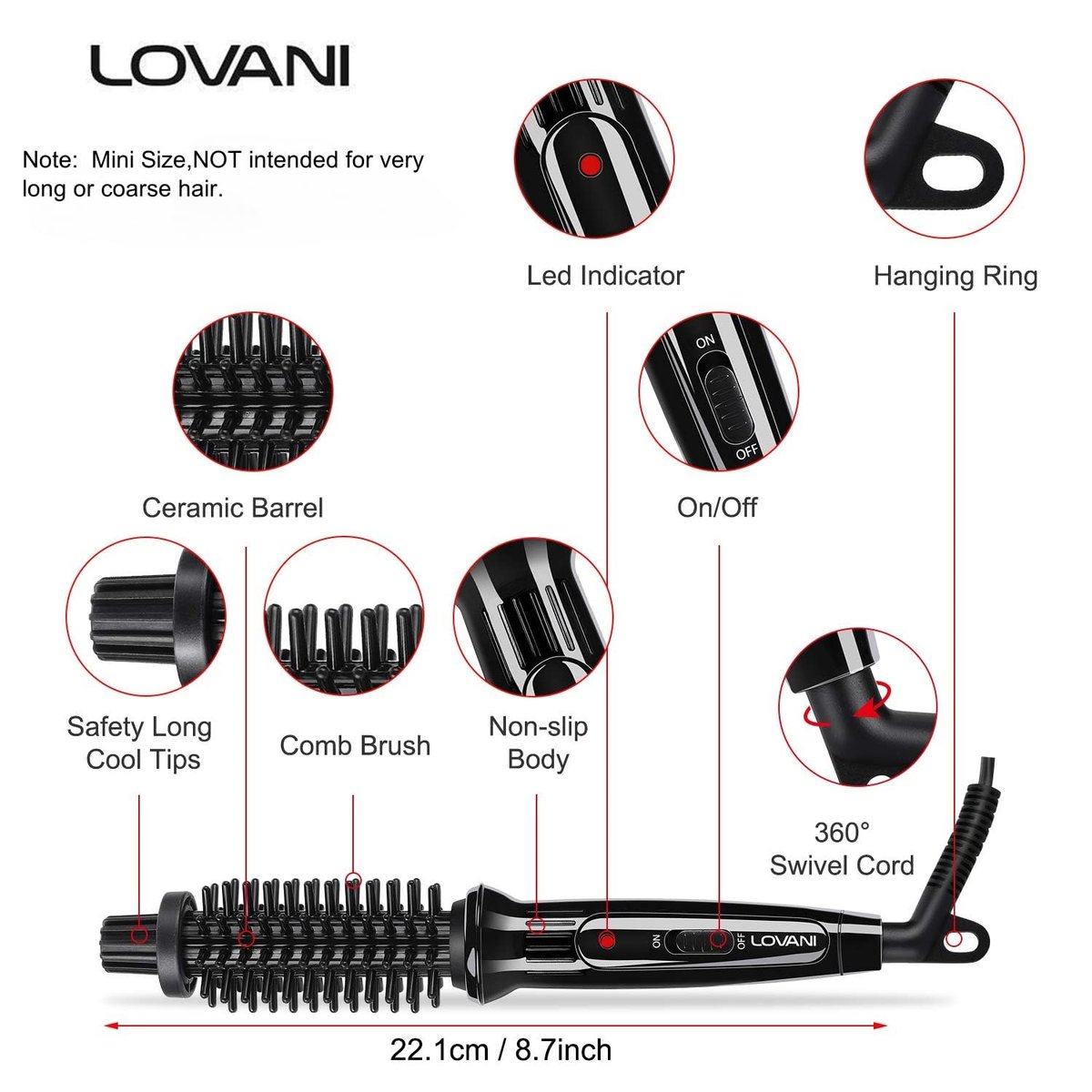 LOVANI Mini Travel Curling Iron Brush 3/4 Inch – Portable Anti-Scald Hot Curler for Short Hair, Bangs & Fine Hair, Dual Voltage with Travel Bag Avelisse