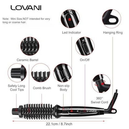 LOVANI Mini Travel Curling Iron Brush 3/4 Inch – Portable Anti-Scald Hot Curler for Short Hair, Bangs & Fine Hair, Dual Voltage with Travel Bag Avelisse