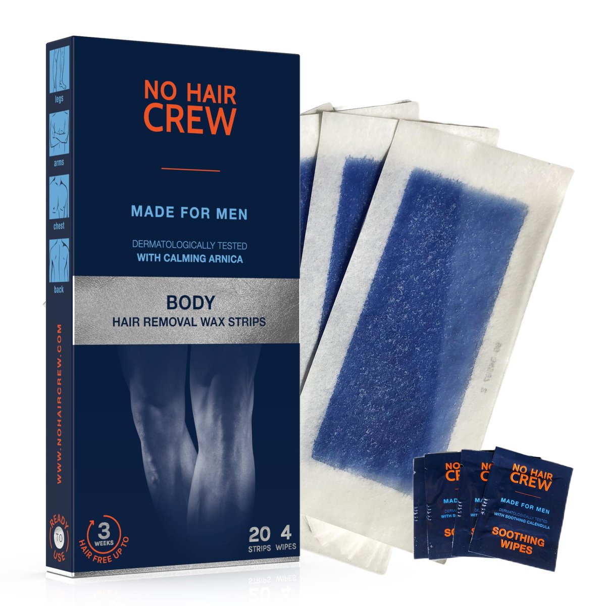 NO HAIR CREW Body Wax Strips for Men – 20 Strips & 4 Soothing Wipes Avelisse