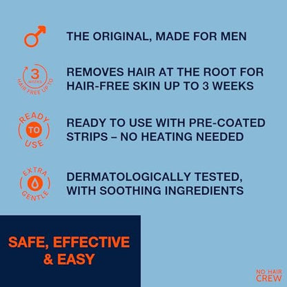 NO HAIR CREW Body Wax Strips for Men – 20 Strips & 4 Soothing Wipes Avelisse