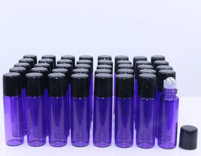 5ml Purple Glass Roller Bottles with Stainless Steel Roller Ball & Black Lid - 40 Pack for Essential Oils, Perfume Oils, Lip Balms, DIY Blends
