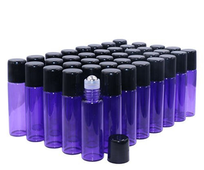 5ml Purple Glass Roller Bottles with Stainless Steel Roller Ball & Black Lid - 40 Pack for Essential Oils, Perfume Oils, Lip Balms, DIY Blends