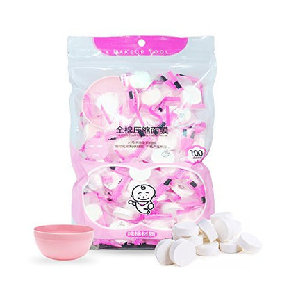 100 Pcs Compressed Facial Mask Sheets – Natural Cotton DIY Disposable Face Mask with Free Small Bowl