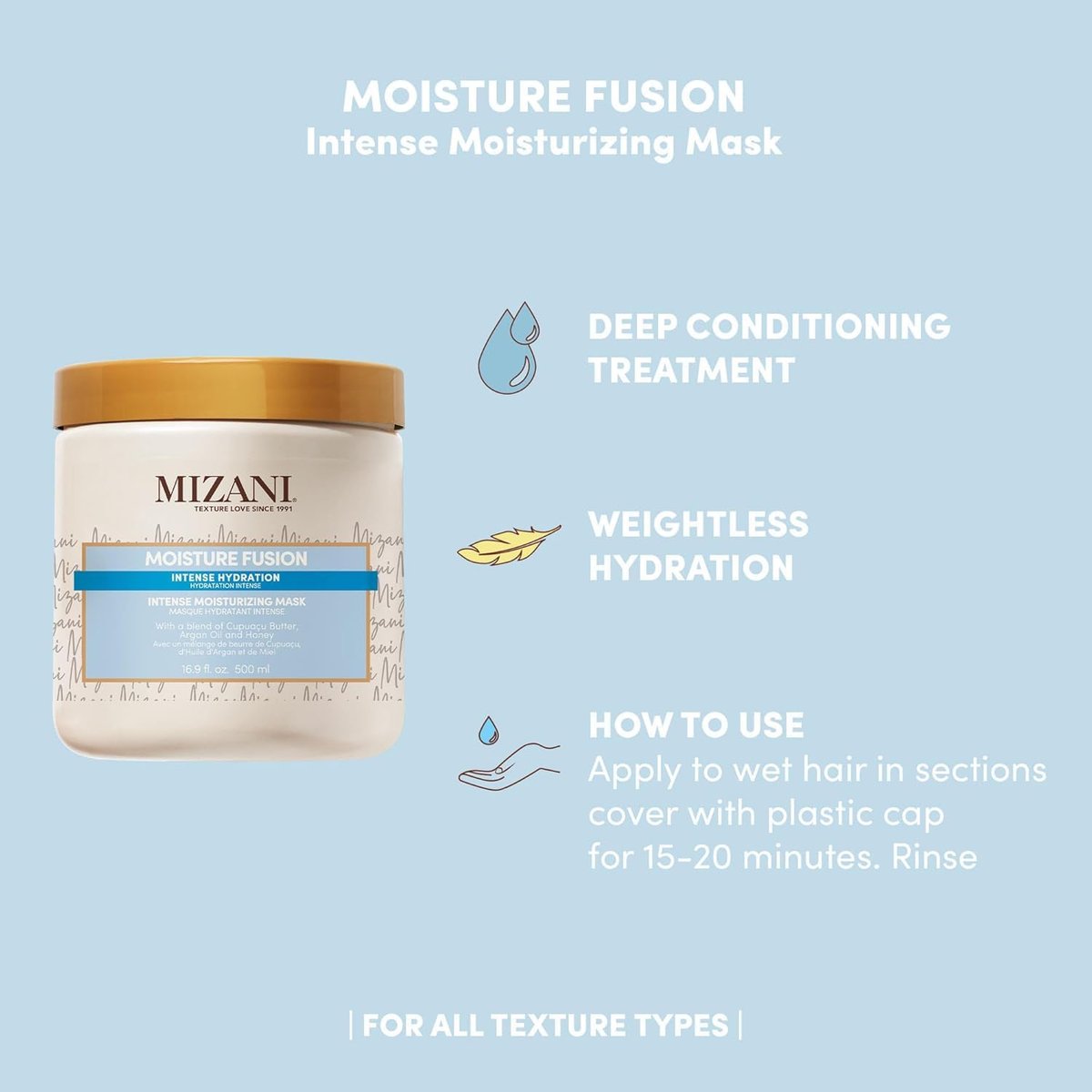 Mizani Moisture Fusion Intense Moisturizing Mask - Hydrating Hair Mask for Dry and Curly Hair, Deep Conditioning Treatment with Argan Oil, Sulfate-Free (16.9 oz) Avelisse