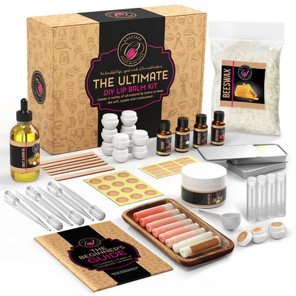 CraftZee Premium Lip Balm Making Kit – DIY Lip Gloss Pack with Natural Beeswax, Shea Butter, Sweet Almond Oil, Essential Oils, Tools, and Instruction Manual – Adult Craft Kit (66 Piece Set) Avelisse