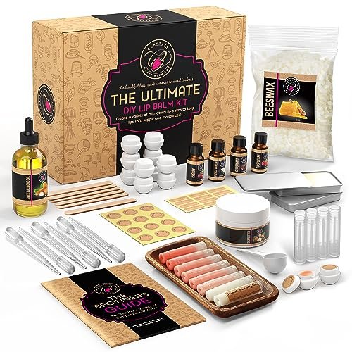 CraftZee Premium Lip Balm Making Kit – DIY Lip Gloss Pack with Natural Beeswax, Shea Butter, Sweet Almond Oil, Essential Oils, Tools, and Instruction Manual – Adult Craft Kit (66 Piece Set) Avelisse