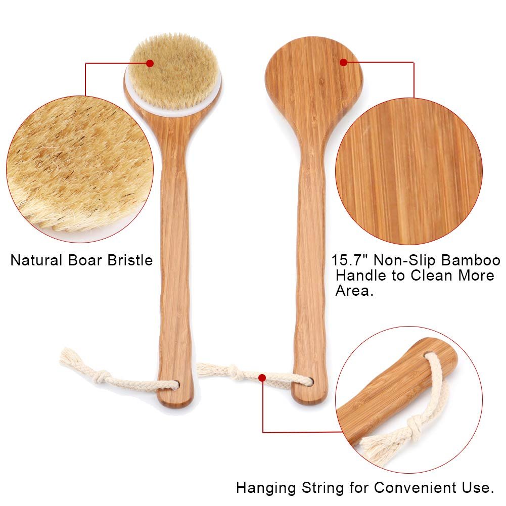 Lauliven Shower Brush with Natural Bristle - Long Bamboo Handle Bath Body Brush for Wet or Dry Brushing - Improves Blood Circulation, Exfoliating Skin - görsel 3