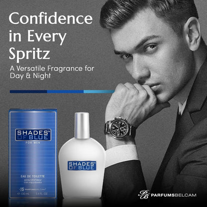 PB ParfumsBelcam Shades of Blue Eau de Toilette Spray for Men – Fresh Citrus Woody Cologne with Mandarin, Warm Spices & Musk – Mediterranean-Style Men’s Fragrance, 3.4 Fl Oz Avelisse