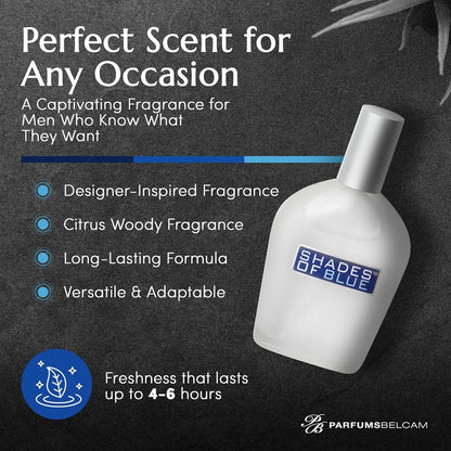 PB ParfumsBelcam Shades of Blue Eau de Toilette Spray for Men – Fresh Citrus Woody Cologne with Mandarin, Warm Spices & Musk – Mediterranean-Style Men’s Fragrance, 3.4 Fl Oz Avelisse