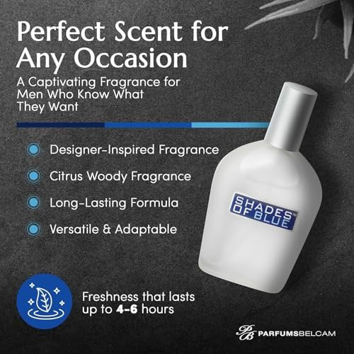 PB ParfumsBelcam Shades of Blue Eau de Toilette Spray for Men – Fresh Citrus Woody Cologne with Mandarin, Warm Spices & Musk – Mediterranean-Style Men’s Fragrance, 3.4 Fl Oz Avelisse