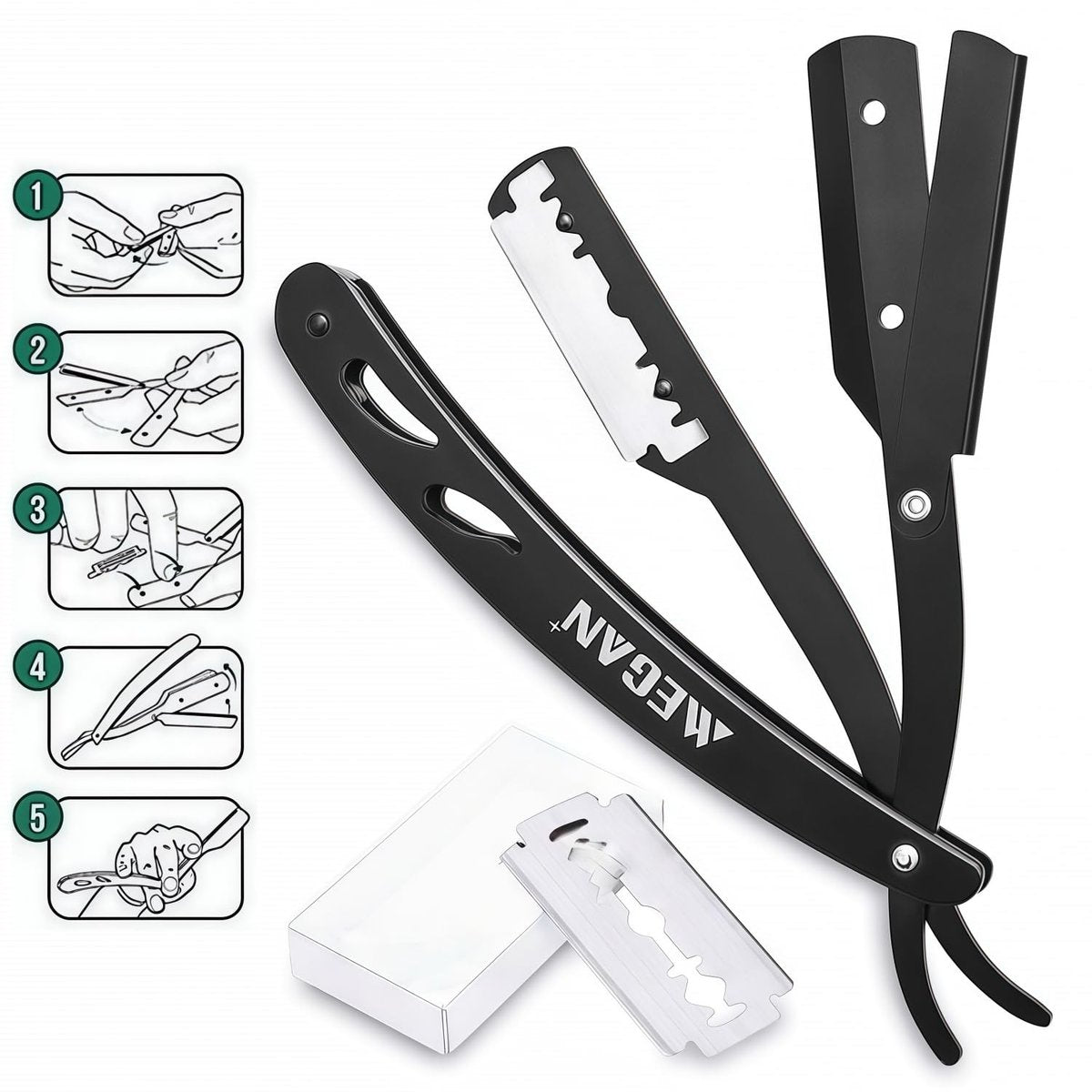 Megan Beard Shaping Tool 5-Piece Set - Professional Beard Shaper for Men with Straight Edge Razor, Template Guide, Double Edge Blades, Barber Pencil & Scissors Avelisse