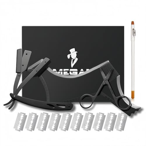 Megan Beard Shaping Tool 5-Piece Set - Professional Beard Shaper for Men with Straight Edge Razor, Template Guide, Double Edge Blades, Barber Pencil & Scissors Avelisse