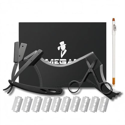 Megan Beard Shaping Tool 5-Piece Set - Professional Beard Shaper for Men with Straight Edge Razor, Template Guide, Double Edge Blades, Barber Pencil & Scissors Avelisse