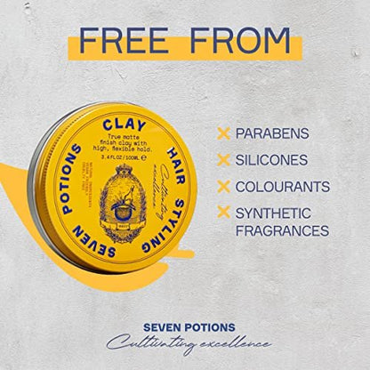 SEVEN POTIONS Hair Clay - High Hold No Shine Pomade for Men and Women - 3.4 fl oz Water Based Styling Product Avelisse
