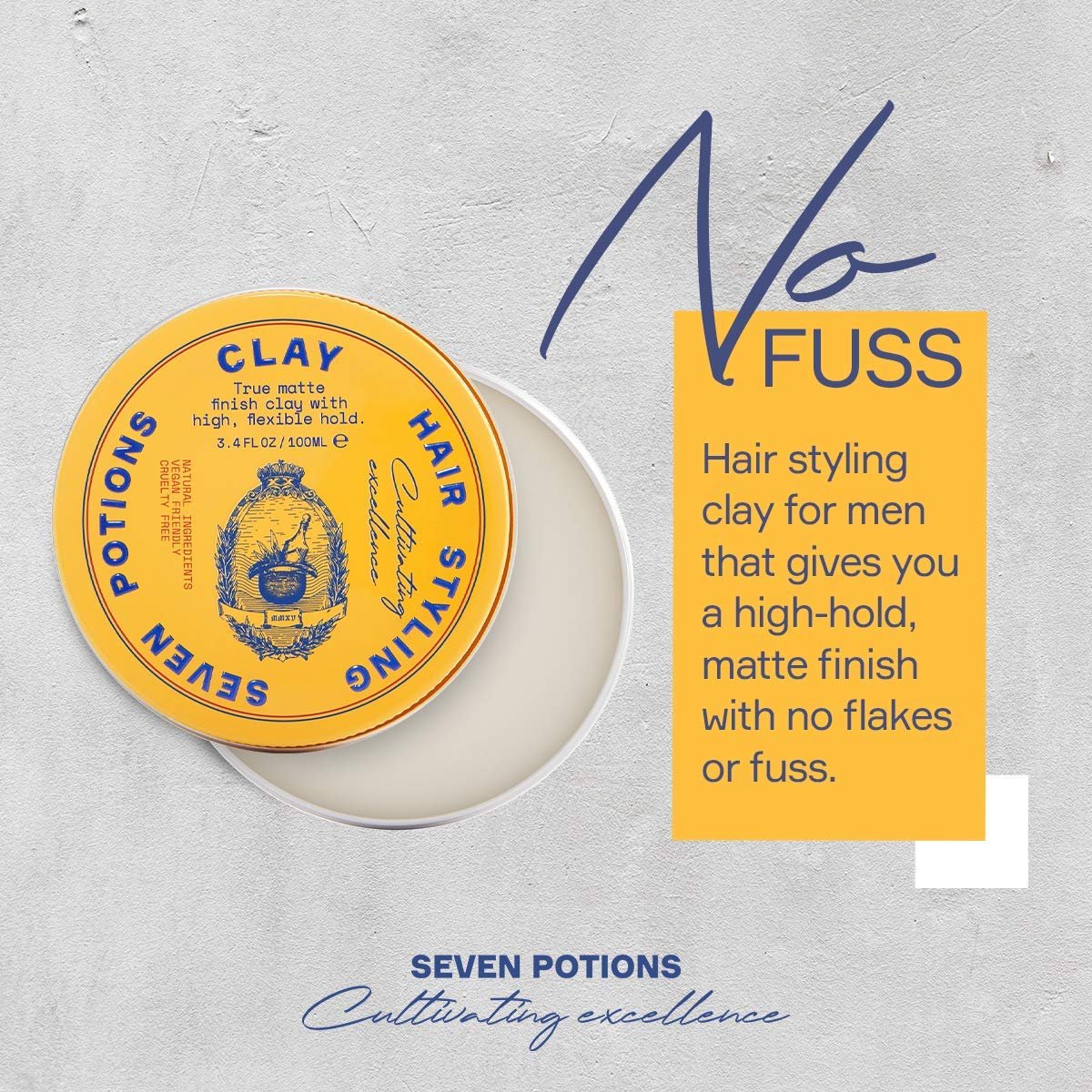 SEVEN POTIONS Hair Clay - High Hold No Shine Pomade for Men and Women - 3.4 fl oz Water Based Styling Product Avelisse