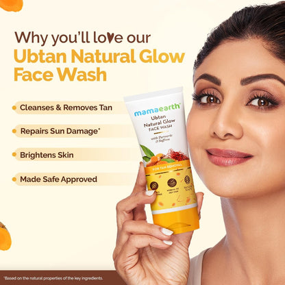 Mamaearth Ubtan De Tan Face Wash – Turmeric & Saffron for Tan Removal & Sun Damage Repair, 3.38 Fl Oz