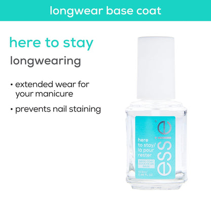 essie Here To Stay Clear Base Coat - Vegan Formula, Salon Quality Nail Care, 0.46 fl oz