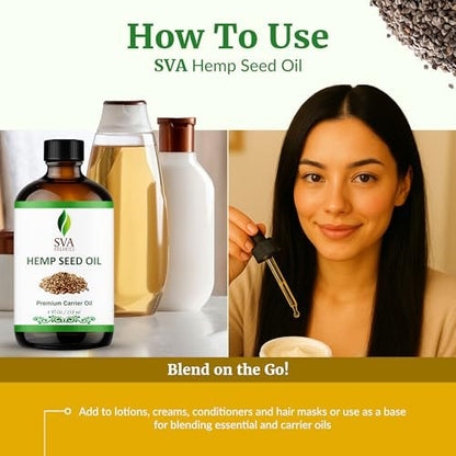 SVA ORGANICS Hemp Seed Oil Cold Pressed 4oz (118 ml) Premium Carrier Oil with Dropper for Skin Care, Hair Care, Scalp Massage, Body Massage, Hair Products, Cosmetics & Soap