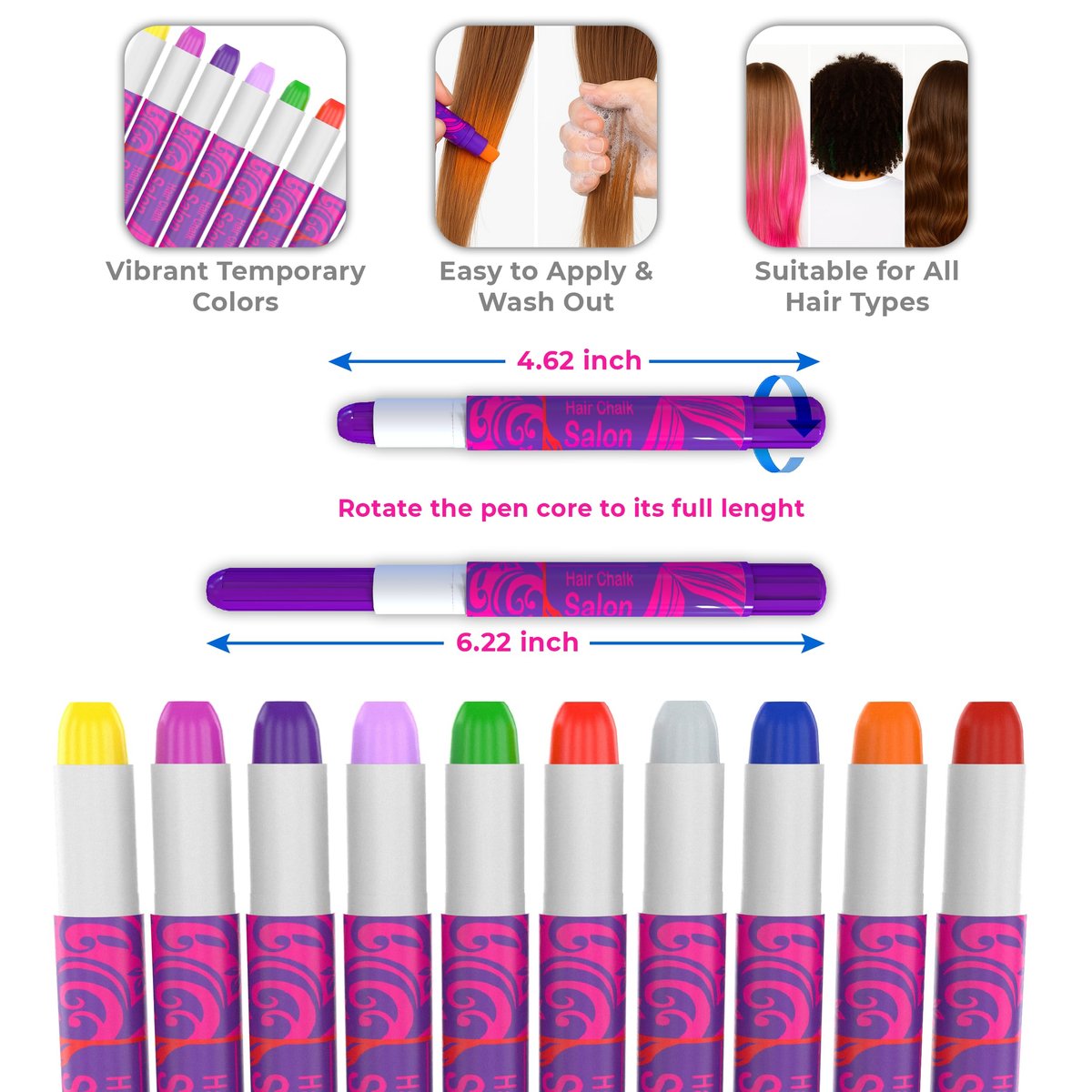 Desire Deluxe Hair Chalk for Girls - 10 Temporary Non-Toxic Washable Hair Color Pens for Kids Avelisse