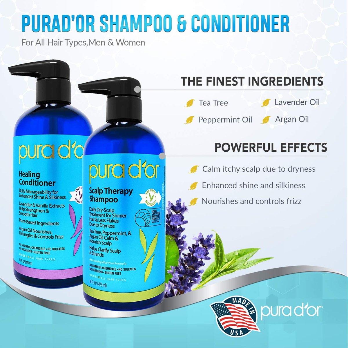 PURA D'OR Scalp Therapy Shampoo & Conditioner Set - Dry, Itchy Scalp Relief with Tea Tree, Peppermint, Argan Oil & Biotin - Hydrates & Nourishes Hair - 16 oz Each - All Hair Types, Men & Women Avelisse