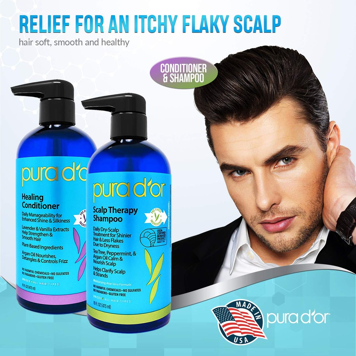 PURA D'OR Scalp Therapy Shampoo & Conditioner Set - Dry, Itchy Scalp Relief with Tea Tree, Peppermint, Argan Oil & Biotin - Hydrates & Nourishes Hair - 16 oz Each - All Hair Types, Men & Women Avelisse