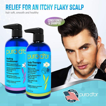 PURA D'OR Scalp Therapy Shampoo & Conditioner Set - Dry, Itchy Scalp Relief with Tea Tree, Peppermint, Argan Oil & Biotin - Hydrates & Nourishes Hair - 16 oz Each - All Hair Types, Men & Women Avelisse