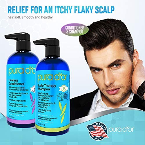 PURA D'OR Scalp Therapy Shampoo & Conditioner Set - Dry, Itchy Scalp Relief with Tea Tree, Peppermint, Argan Oil & Biotin - Hydrates & Nourishes Hair - 16 oz Each - All Hair Types, Men & Women Avelisse