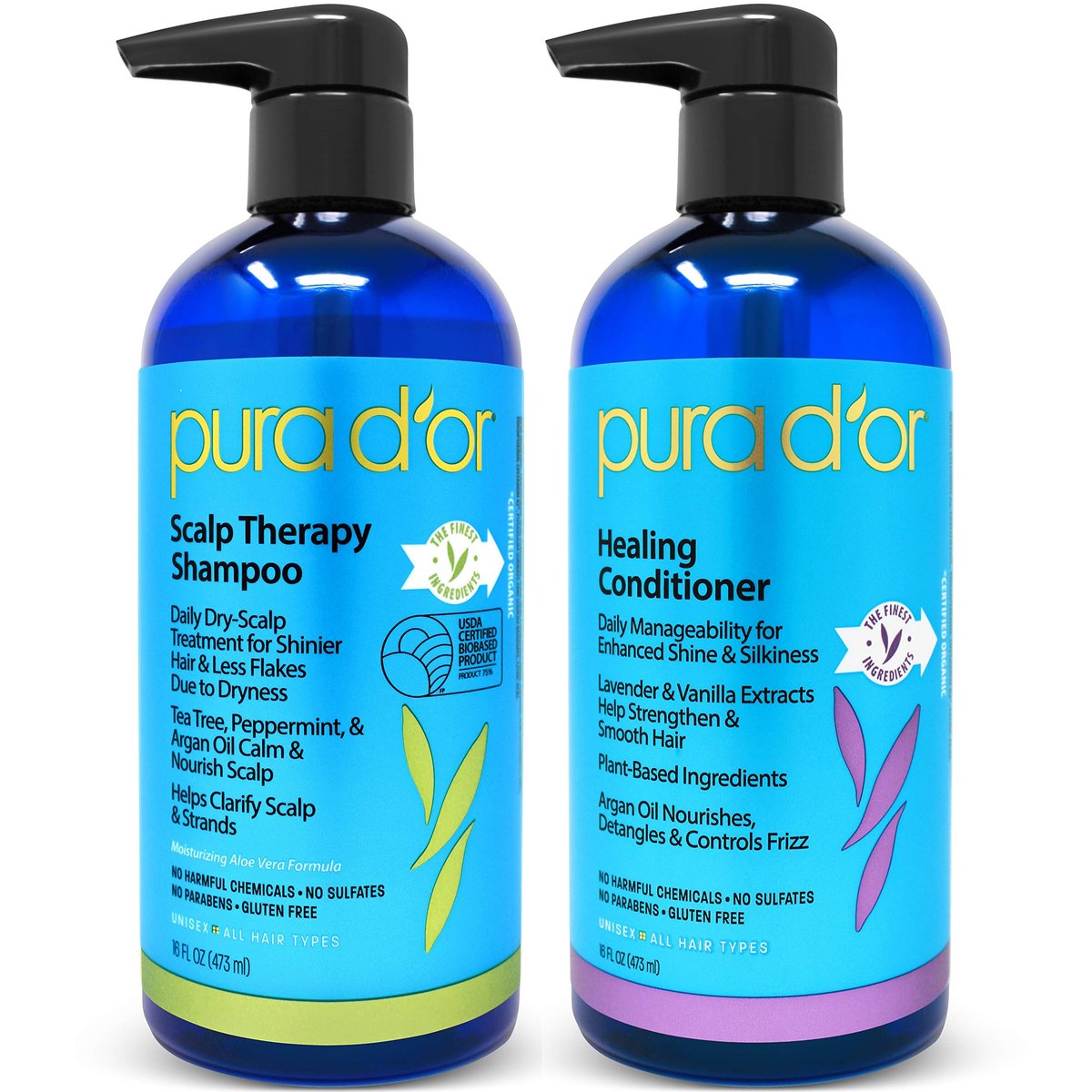 PURA D'OR Scalp Therapy Shampoo & Conditioner Set - Dry, Itchy Scalp Relief with Tea Tree, Peppermint, Argan Oil & Biotin - Hydrates & Nourishes Hair - 16 oz Each - All Hair Types, Men & Women Avelisse