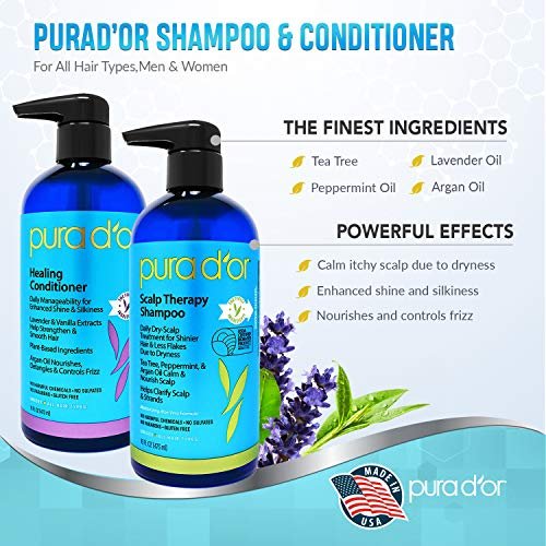 PURA D'OR Scalp Therapy Shampoo & Conditioner Set - Dry, Itchy Scalp Relief with Tea Tree, Peppermint, Argan Oil & Biotin - Hydrates & Nourishes Hair - 16 oz Each - All Hair Types, Men & Women Avelisse