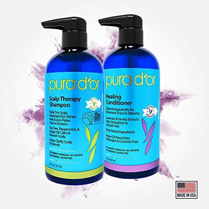 PURA D'OR Scalp Therapy Shampoo & Conditioner Set - Dry, Itchy Scalp Relief with Tea Tree, Peppermint, Argan Oil & Biotin - Hydrates & Nourishes Hair - 16 oz Each - All Hair Types, Men & Women Avelisse