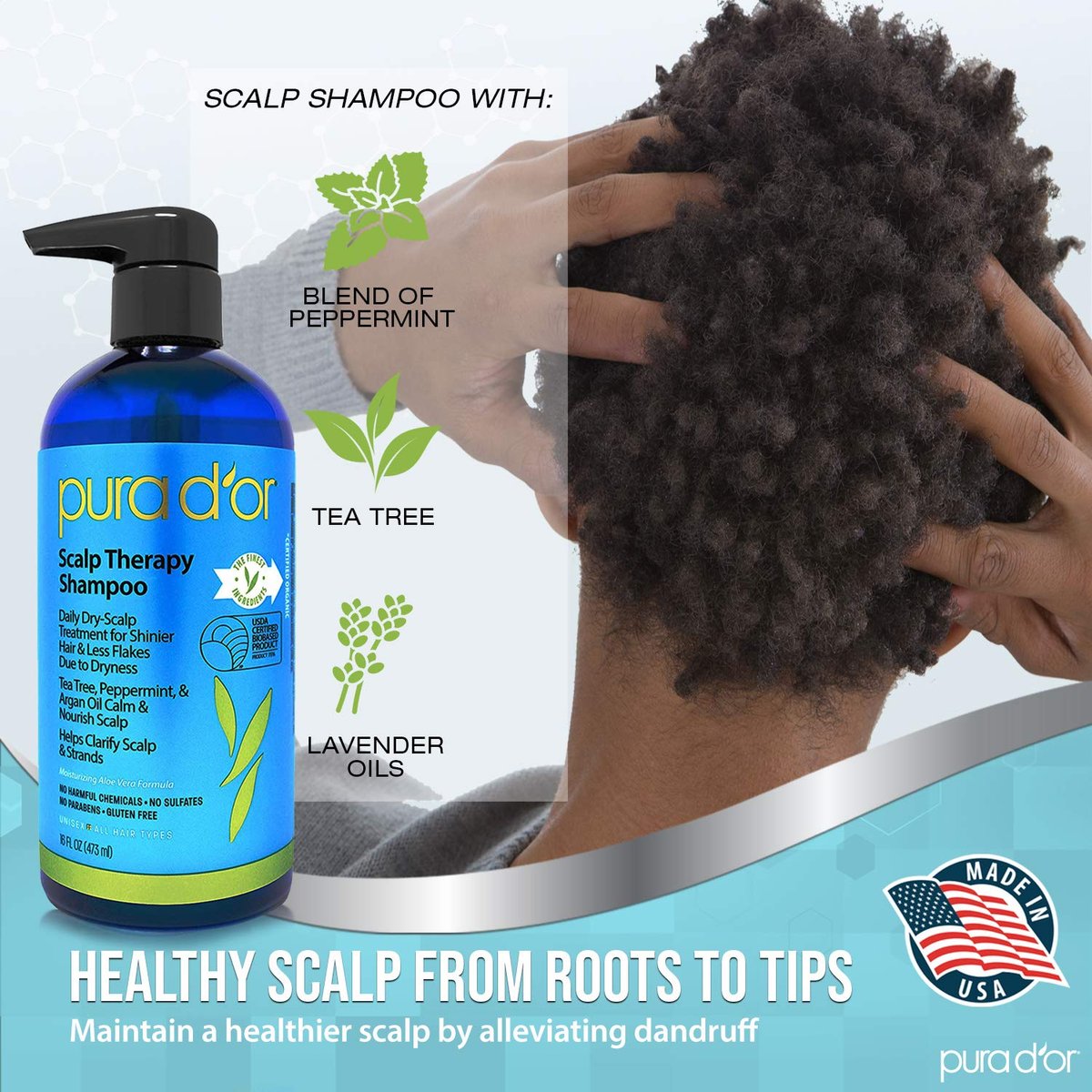 PURA D'OR Scalp Therapy Shampoo & Conditioner Set - Dry, Itchy Scalp Relief with Tea Tree, Peppermint, Argan Oil & Biotin - Hydrates & Nourishes Hair - 16 oz Each - All Hair Types, Men & Women Avelisse