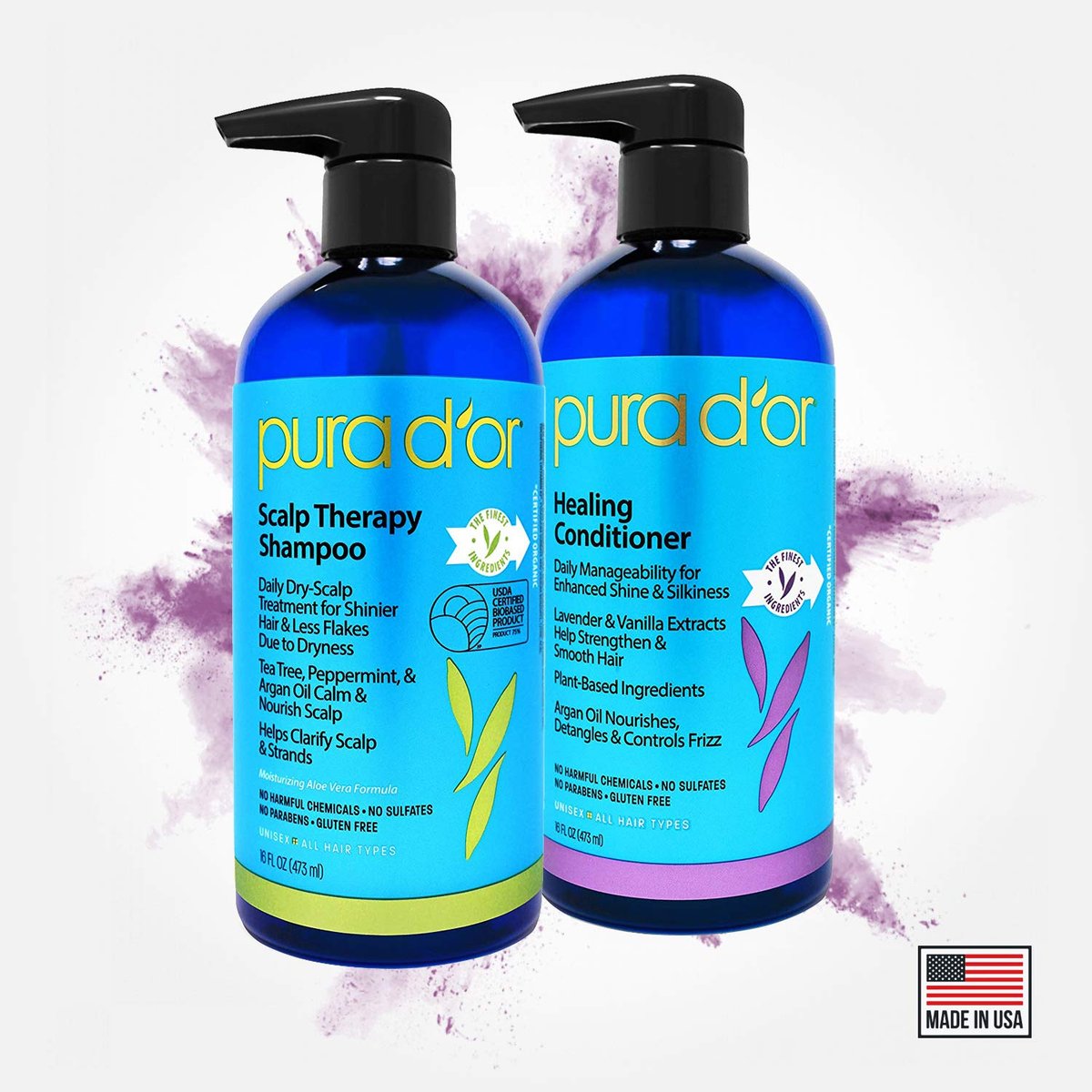 PURA D'OR Scalp Therapy Shampoo & Conditioner Set - Dry, Itchy Scalp Relief with Tea Tree, Peppermint, Argan Oil & Biotin - Hydrates & Nourishes Hair - 16 oz Each - All Hair Types, Men & Women Avelisse