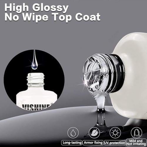 Vishine 15ml No Wipe Top Coat & Base Coat Set - Long Lasting Shiny UV LED Gel Nail Polish - Clear Soak Off Nail Varnish Duo - görsel 4