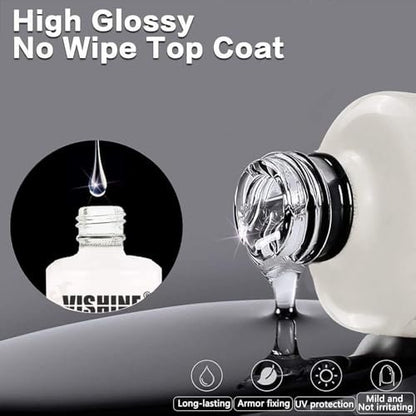 Vishine 15ml No Wipe Top Coat & Base Coat Set - Long Lasting Shiny UV LED Gel Nail Polish - Clear Soak Off Nail Varnish Duo