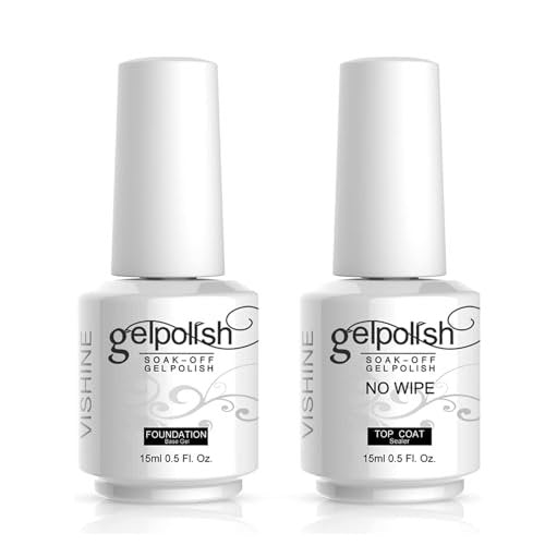 Vishine 15ml No Wipe Top Coat & Base Coat Set - Long Lasting Shiny UV LED Gel Nail Polish - Clear Soak Off Nail Varnish Duo - görsel 2