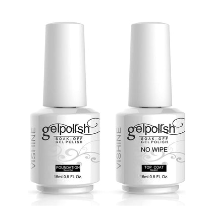 Vishine 15ml No Wipe Top Coat & Base Coat Set - Long Lasting Shiny UV LED Gel Nail Polish - Clear Soak Off Nail Varnish Duo