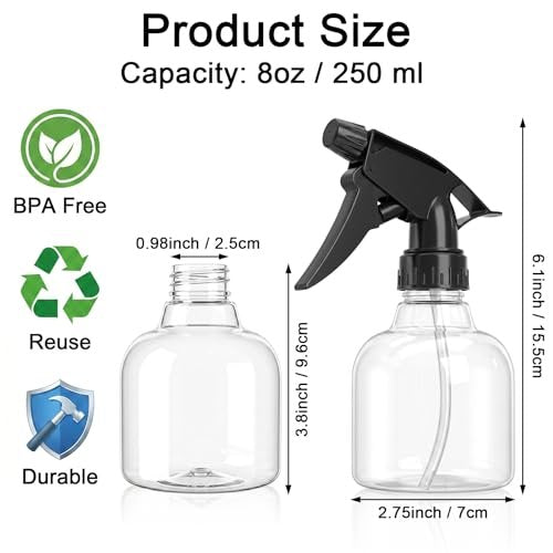 Bekith 12 Pack 8 oz Empty Plastic Spray Bottles with Black Trigger Sprayers - Adjustable Nozzle from Fine Mist to Stream - Refillable for Cleaning, Hair, Plants, and More - görsel 4