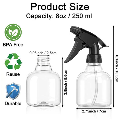 Bekith 12 Pack 8 oz Empty Plastic Spray Bottles with Black Trigger Sprayers - Adjustable Nozzle from Fine Mist to Stream - Refillable for Cleaning, Hair, Plants, and More