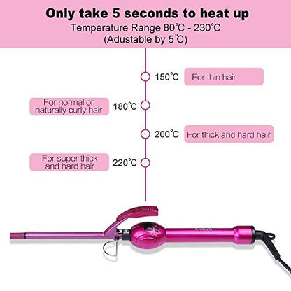 iGutech 9mm Curling Iron - 3/8 Inch Small Barrel Ceramic Curler for Long & Short Hair - Rose Red Avelisse