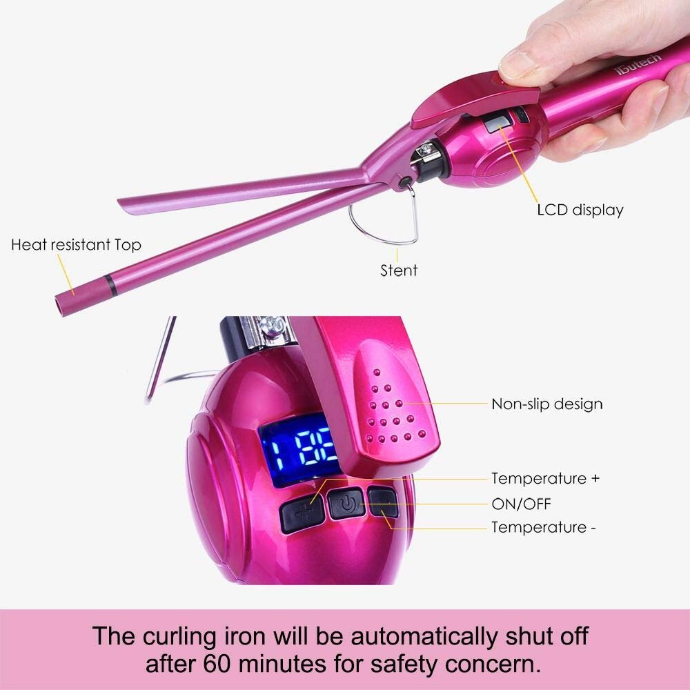 iGutech 9mm Curling Iron - 3/8 Inch Small Barrel Ceramic Curler for Long & Short Hair - Rose Red Avelisse