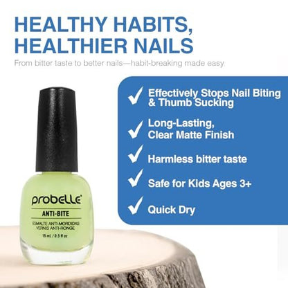 Probelle Anti-Bite Nail Biting Treatment for Kids & Adults – No Bite Nail Polish Deterrent & Thumb Guard – Bitter Taste to Quit Habit – Ages 3+ – 0.5 fl oz (15 ml)
