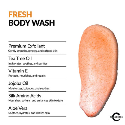 Challenger Men’s Fresh Body Wash - Exfoliating Cleanser with Aloe, Vitamin E, Tea Tree & Jojoba Oils, 16 oz